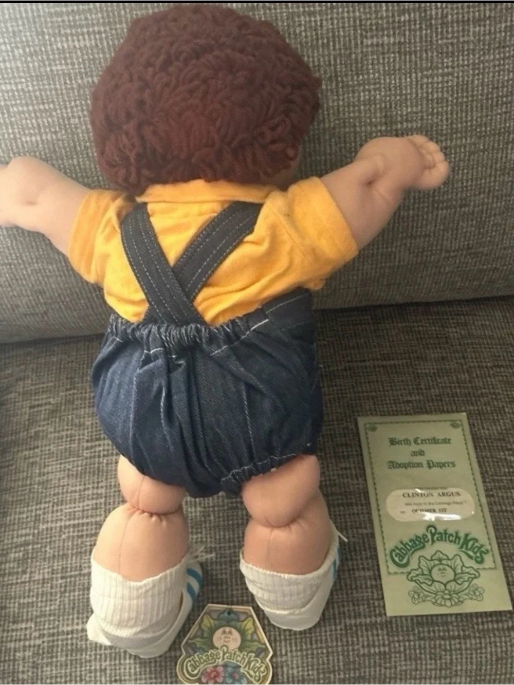 Cabbage Patch Kids Boy Doll Brown Curly Hair Overalls Shoes